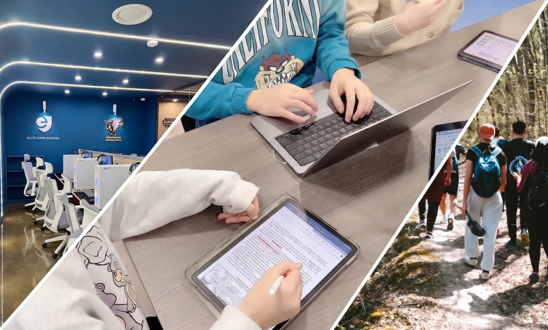 Composite of Elite Open School students: a Learning Resource Center lab, students writing and annotating work on laptops and tablets, and a class hiking a wooded trail.